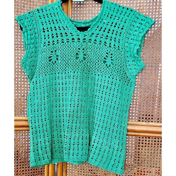 Vintage Kelly Green Crochet Sheer Layering Shirt Small Medium Summer Boho Hippie - Picture 1 of 5